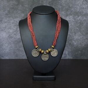 Boho Style Arabic Coin Gold Tone Brass Brown Beaded Necklace